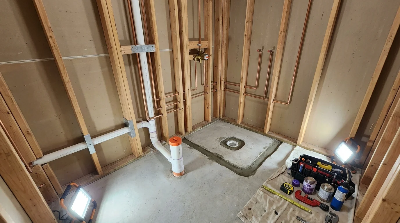 Bathroom rough-in plumbing during remodel by Johns Plumbing LLC in Eastlake