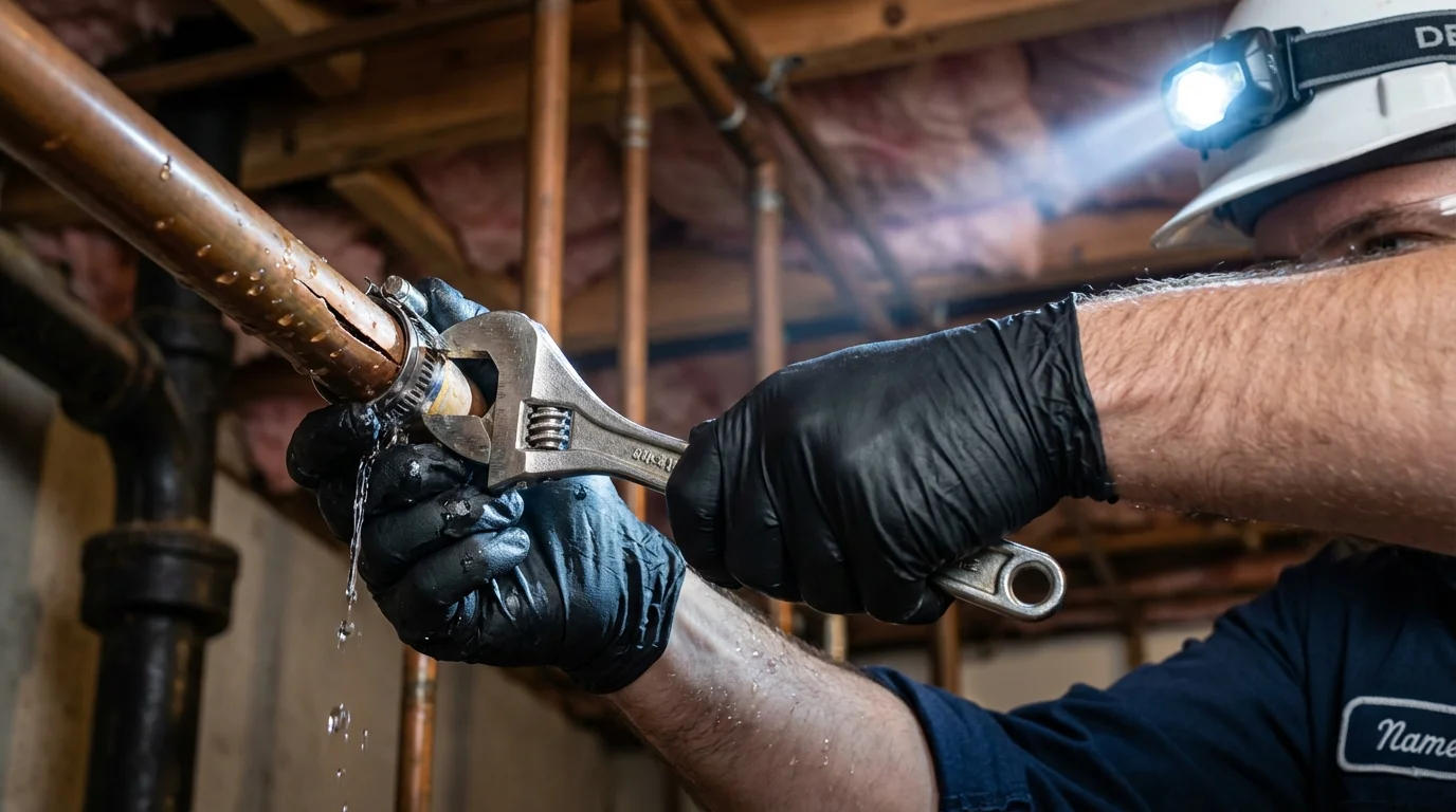 Emergency pipe clamp repair being performed by a Johns Plumbing LLC plumber in Eastlake