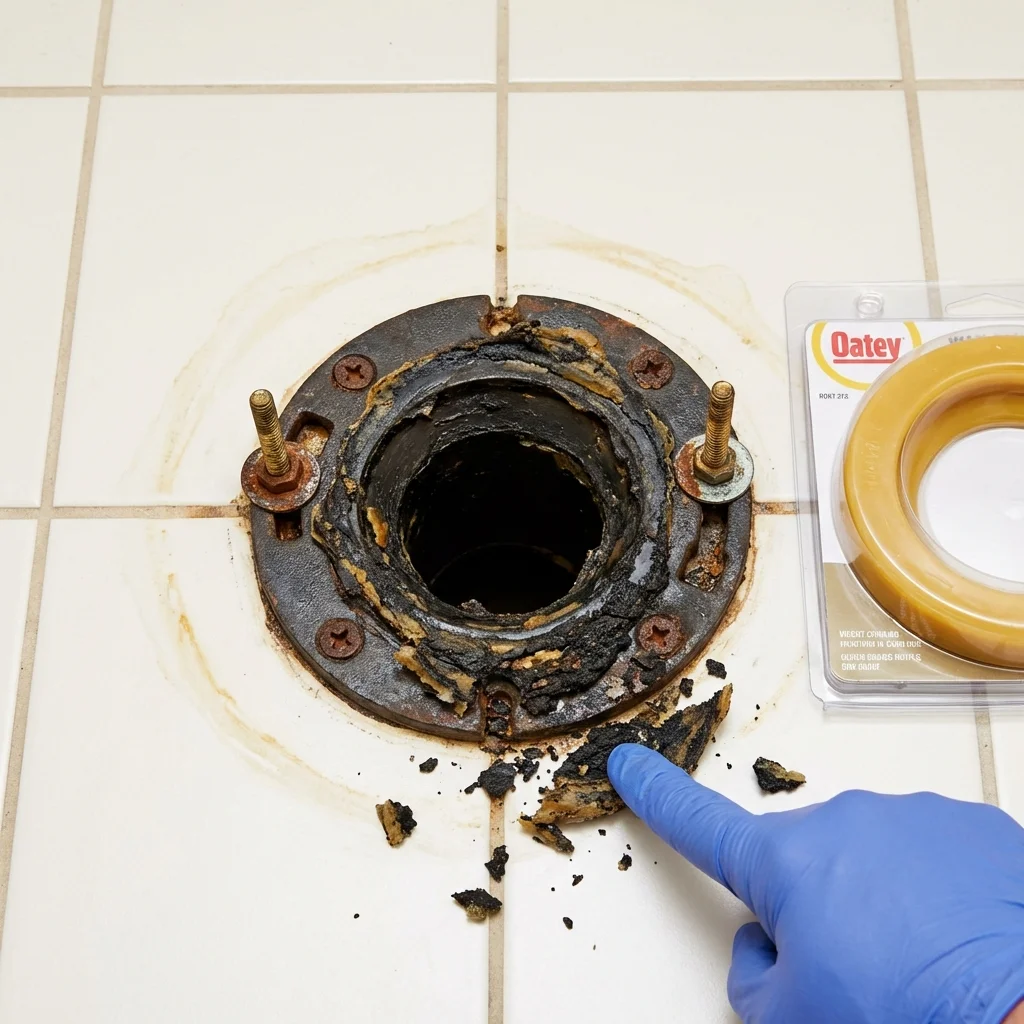 Failed wax ring showing water seepage at the base of a toilet in a Eastlake, OH home