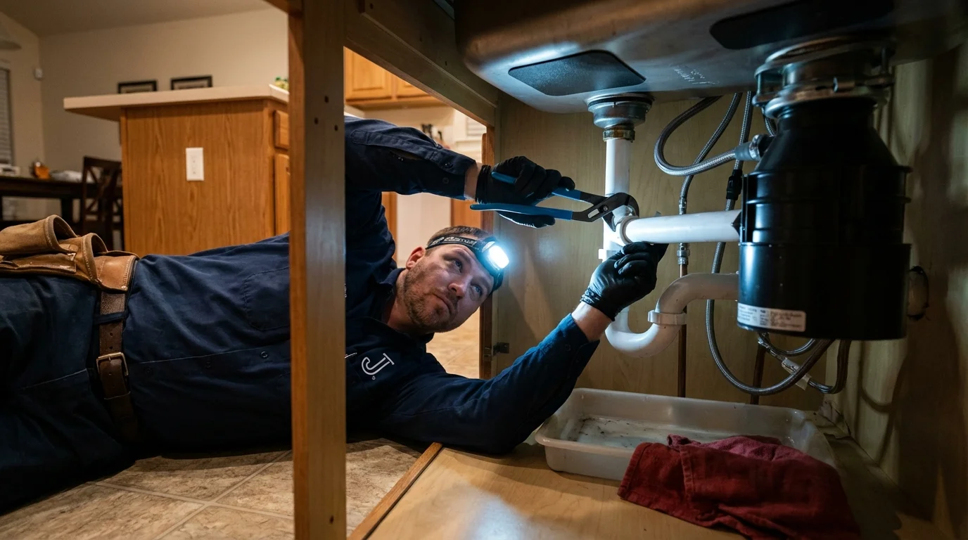 P-trap and supply line connections under a kitchen sink showing a common leak point in Eastlake, OH